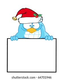 Blue Bird With Santa Hat Presenting A Blank Sign