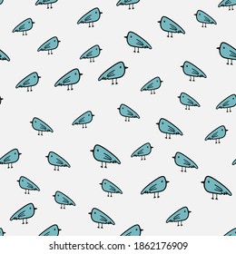 Blaues Vogelnahtloses Muster. Doodle-Stil. Minimalistisches Weihnachtsmuster. Vektorgrafik