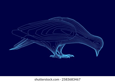 A blue bird is shown in a digital image, with its head tilted down and its beak open. The bird appears to be eating something, and the image has a somewhat surreal or dreamlike quality to it