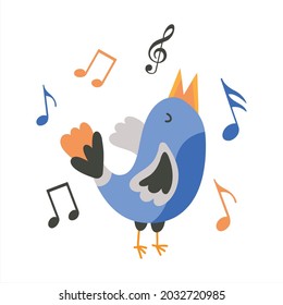 Der blaue Vogel singt eine Melodie, notiert sich herum. Kleiner Sänger. Illustration von Flachvideos