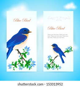 Blue bird sitting on a branch with flowers 