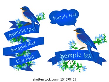 Blue bird sitting on a branch with flowers 