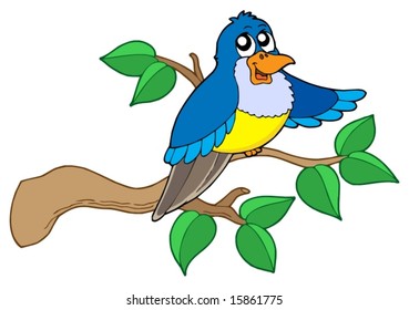 Blue bird sitting on branch - vector illustration.