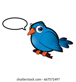 Blue bird sitting on a branch. Floating speech bubble at the top left side where text can be added.