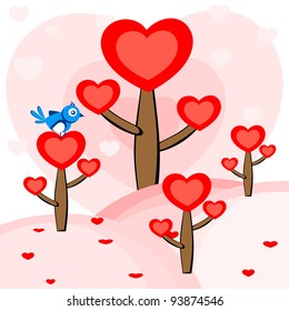 Un pájaro azul sentado en el árbol de forma de corazón rojo para San Valentín y otras ocasiones.