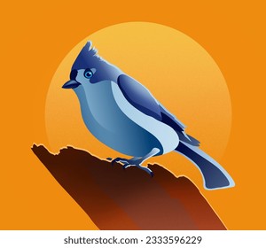 A blue bird sitting on a tree against the background of the sun. Colorful vector illustration.