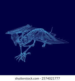 Blue bird skeleton is shown in a blue background. The skeleton is in a position that looks like it is about to fly. The image has a surreal and dreamlike quality to it