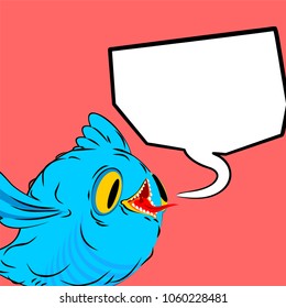 Blue bird and speech bubble. Birdie and place for text. cartoon style