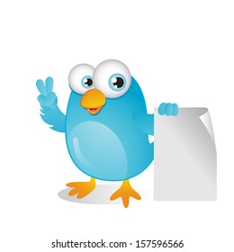 Blue Bird standing beside Blank Sign