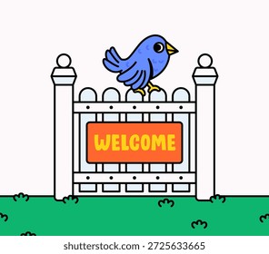 Blue bird standing on a white fence with a welcome sign. Flat cartoon vector illustration perfect for greeting designs, kids content, signage, and friendly outdoor themes