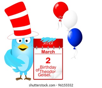 Blue Bird In A Striped Red-and-white Hat With Icon A Calendar In Honor Of The Birthday Of Dr. Seuss, Is Celebrated On March 2. Vector Illustration.