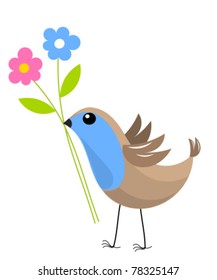 Blue bird with two flowers. Vector illustration