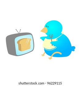 Blue bird watching TV - illustration to proverb "Bread and circuses"