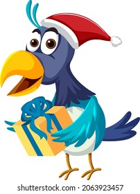 Blue bird wearing Christmas hat cartoon character illustration