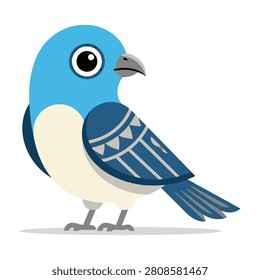 A blue bird with white belly and patterned wing standing on ground looking right, illustration of a small bird