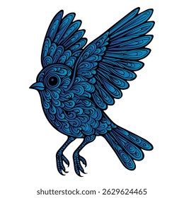 A blue bird with a blue wing is flying in the air. The bird has a blue and white pattern on its wings