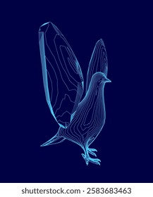 A blue bird with its wings spread out is standing in a blue background. The bird appears to be in a peaceful and serene mood, as if it is enjoying the beauty of its surroundings