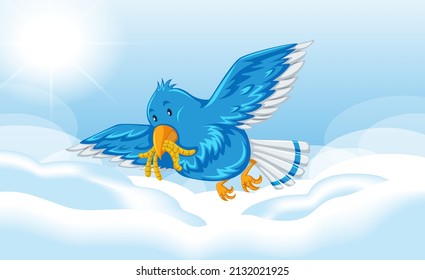 Blue bird with worms flying illustration