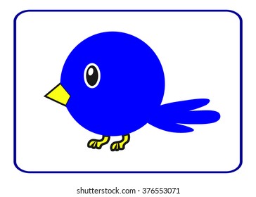 Blue bird with a yellow beak in a frame. Drawing of a cute cartoon birdie.
