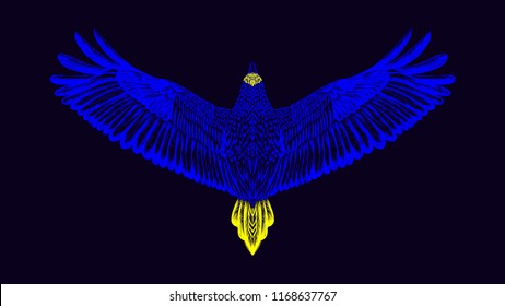 blue bird with yellow tail on the black background.Sketch of tattoo. Print for t hirt. Detailed isolated illustration.Owl. Condor.Zentangle wild animal. Flight of raven.Blue parrot with yellow tail.
