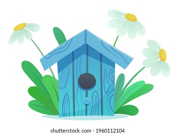 Blue birdhouse in the grass and daisies. Flat vector illustration.
