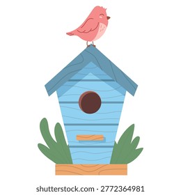 Blue birdhouse hanging from tree.Cute pink bird with a birdhouse and leaves.Vector illustration.
Cartoon character.eeders and homes, for summer and spring birds.