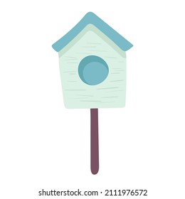 blue birdhouse, place for nest, in cartoon flat style textured object isolated on white background. Springtime decoration