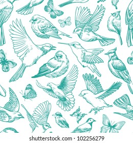 Blue birds and butterflies seamless pattern