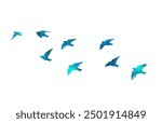 blue birds. A flock of flying blue birds. hand drawing. Not AI. Vector illustration.