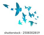 blue birds. A flock of flying blue birds. hand drawing. Not AI. Vector illustration.