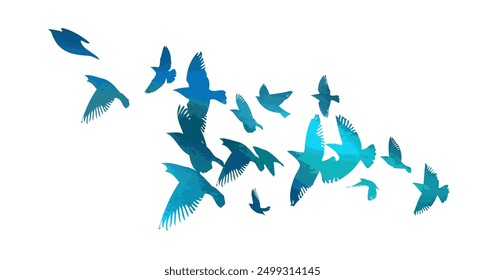 blue birds. A flock of flying blue birds. hand drawing. Not AI. Vector illustration.