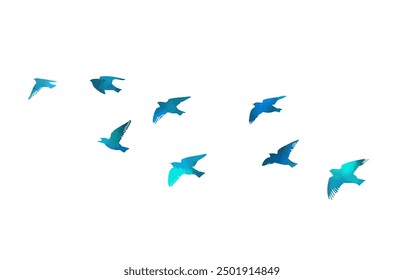 blue birds. A flock of flying blue birds. hand drawing. Not AI. Vector illustration.