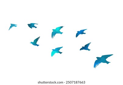 blue birds. A flock of flying blue birds. hand drawing. Not AI. Vector illustration.