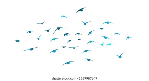 blue birds. A flock of flying blue birds. hand drawing. Not AI. Vector illustration.