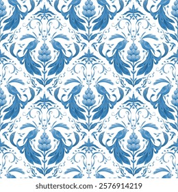 Blue birds and flowers. Vector seamless pattern in folk style on white background. Elegant illustration with birds and cute botany for textile and packaging