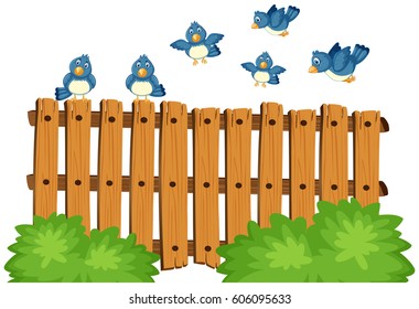 Blue birds flying over wooden fence illustration