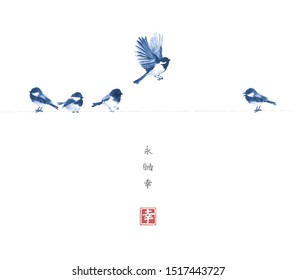 Blue birds flying and sitting on a wire. Traditional oriental ink painting sumi-e, u-sin, go-hua. Hieroglyphs - eternity, freedom, happiness