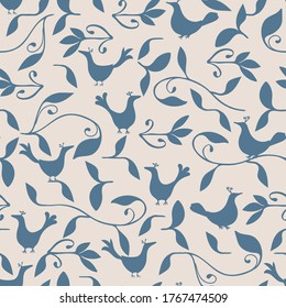 Aves azules y follaje sin fisuras fondo de patrón vectorial para tela, papel pintado, proyectos de scrapbooking o fondos de fondo.Diseño de patrones de superficie.