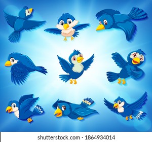 Blue birds on blue background with different position illustration