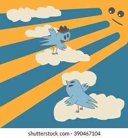 Blue birds on background with sky, sun and clouds