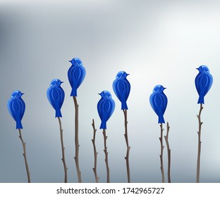 Aves azules sobre ramas de fondo gris claro