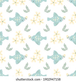 Blue birds on a white background. Seamless vector background. Cute pictures of blue birds and yellow flowers. Children's print in soft pastel colors.For fabrics, coatings, textiles, covers, notebooks 