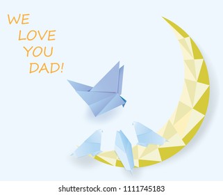 Blue birds origami on the moon low polygon ,vector illustration.