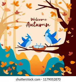 Blue Birds Playing In Autumn Season Forest
