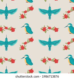 blue birds and red flowers pattern