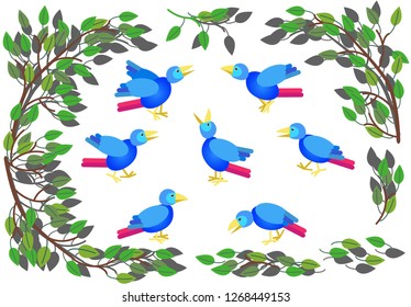 Blue birds, vector illustration.