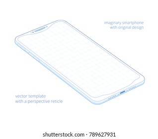 Esboço de biro azul do smartphone visionário em um fundo branco. Rascunho projeto 3d de algum gadget na visão de perspectiva. Conceito vetorial original do dispositivo moderno com uma grade em uma tela em branco.