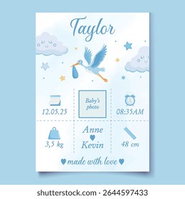 Blue birth announcement card template with stork delivering baby boy, perfect for newborn celebration, greeting cards, and nursery wall art