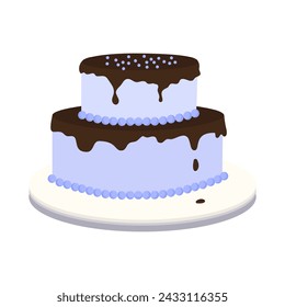 Blue birthday cake. Gift cake. Anniversary, event, holiday. Pastry for design on packaging, cover, advertising. Drawing of a whole cake for party labels, poster and banner. Vector simple illustration.