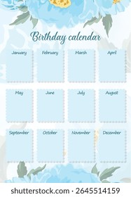 Blue birthday calendar with monthly holidays decorated with elegant peonies and floral illustrations